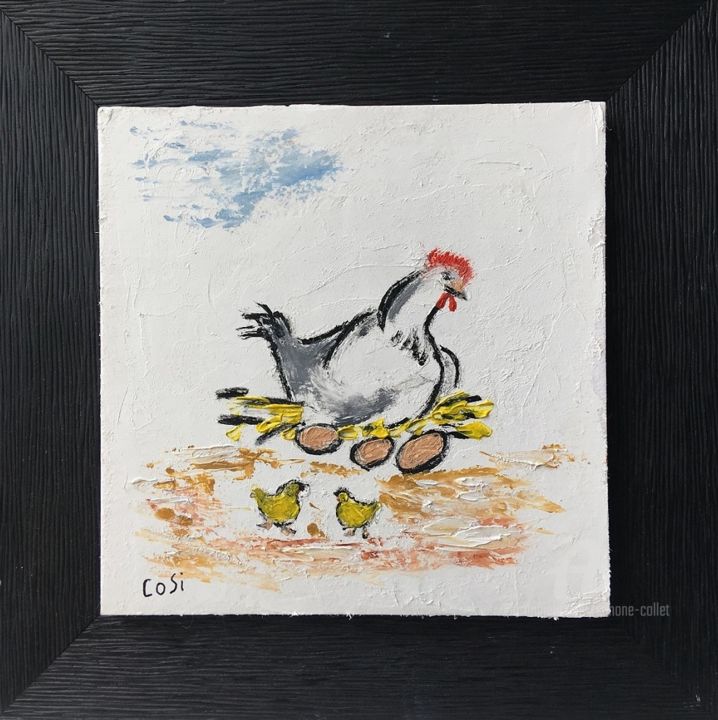 Painting titled "poule  et poussins…" by Simone Collet, Original Artwork, Oil Mounted on Cardboard