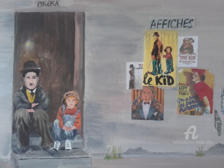 Painting titled "chaplin et l'enfant" by Simone Collet, Original Artwork, Acrylic Mounted on Wood Stretcher frame