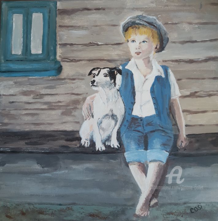 Painting titled "gamin et son chien" by Simone Collet, Original Artwork, Acrylic