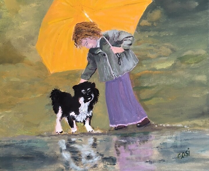 Peinture intitulée "fillette au paraplu…" par Simone Collet, Œuvre d'art originale, Huile Monté sur Châssis