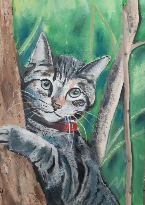 Painting titled "chat sur l'arbre" by Simone Collet, Original Artwork, Oil