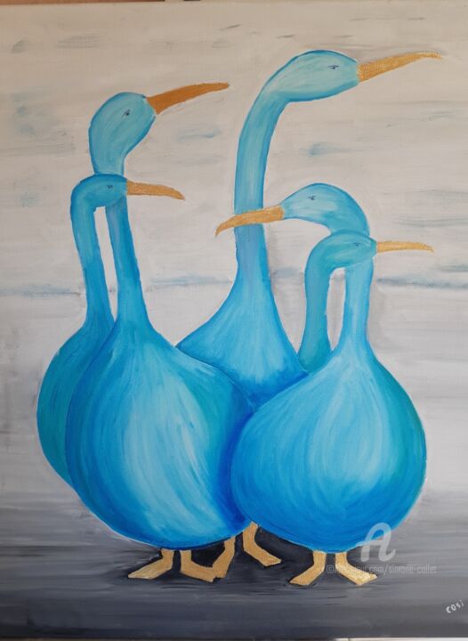 Peinture intitulée "les oies bleues hui…" par Simone Collet, Œuvre d'art originale, Huile Monté sur Châssis en bois