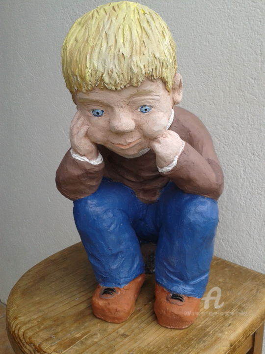 Sculpture titled "enfant penseur" by Simone Collet, Original Artwork, Terra cotta