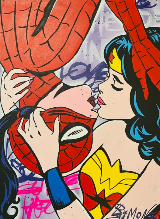 「Superheroes in Love…」というタイトルの絵画 Simone De Rosaによって, オリジナルのアートワーク, アクリル ウッドストレッチャーフレームにマウント