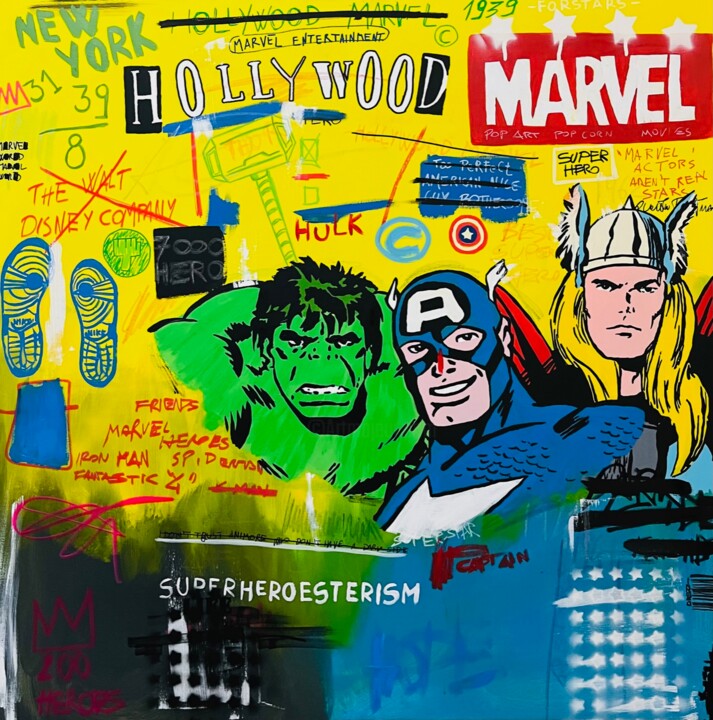 Painting titled "Hollywood and HEROES" by Simone De Rosa, Original Artwork, Acrylic Mounted on Wood Stretcher frame
