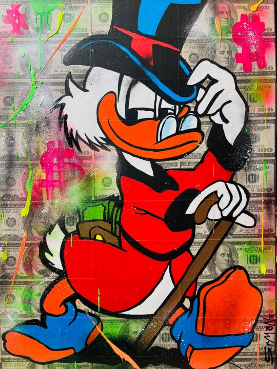 Painting titled "Uncle Scrooge Money…" by Simone De Rosa, Original Artwork, Acrylic Mounted on Wood Stretcher frame