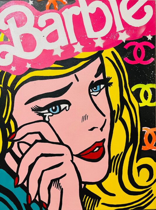 Painting titled "Crying Barbie" by Simone De Rosa, Original Artwork, Acrylic Mounted on Wood Stretcher frame