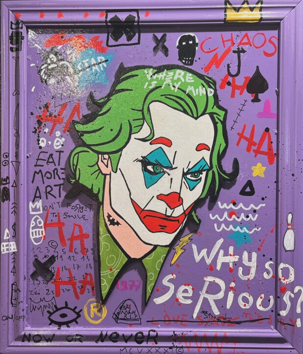 Painting titled "Joker in the purple" by Simone De Rosa, Original Artwork, Acrylic Mounted on Wood Panel
