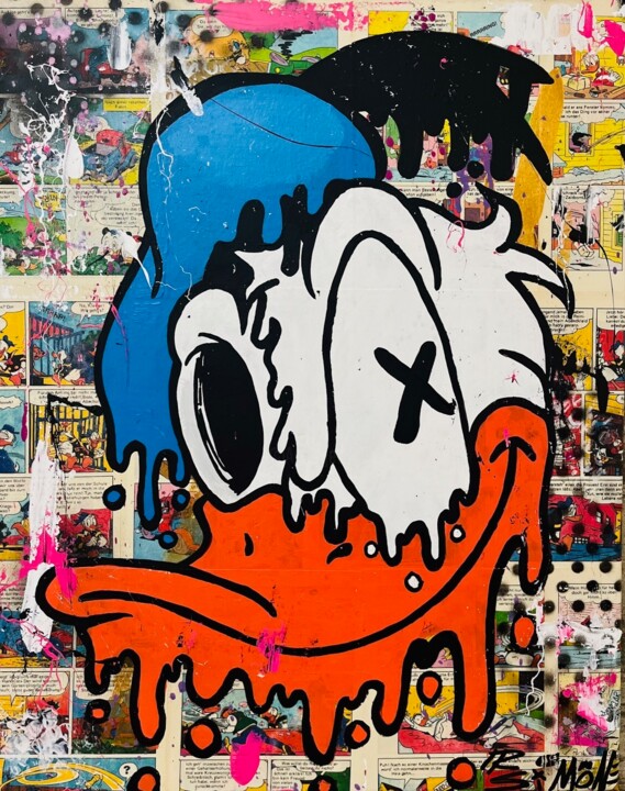 Malarstwo zatytułowany „Slimer Duck” autorstwa Simone De Rosa, Oryginalna praca, Farba w spray'u Zamontowany na Drewniana ra…