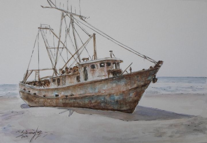 Pintura intitulada "Barco Encalhado" por Simone Luz, Obras de arte originais, Aquarela
