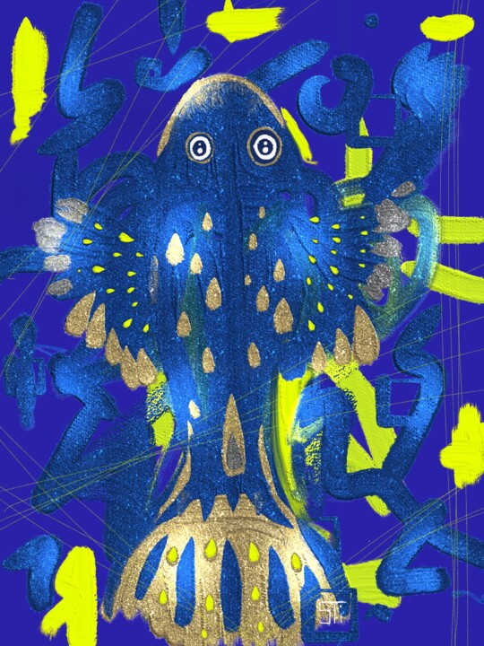 Digital Arts titled "fish 1#" by Simone Tirelli, Original Artwork, Digital Painting Mounted on Wood Stretcher frame