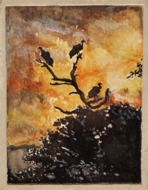 Painting titled "Vultures at Sunset" by Simone Licht, Original Artwork, Oil