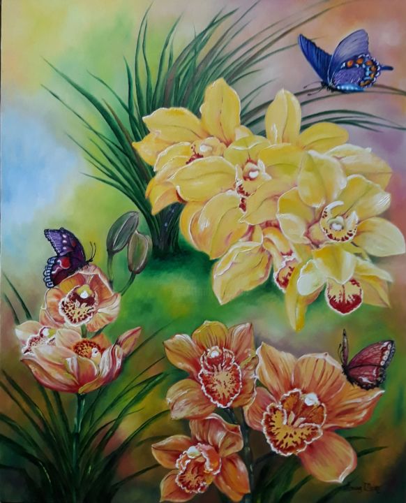 Pintura intitulada "Orquídeas e borbole…" por Simone Meier Meier, Obras de arte originais, Óleo