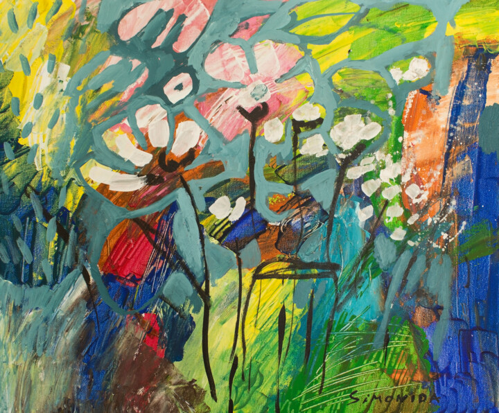 Painting titled "Field Flowers" by Simonida Djordjevic, Original Artwork, Acrylic Mounted on Wood Stretcher frame