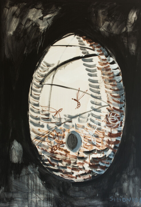 Ζωγραφική με τίτλο "Hive" από Simonida Djordjevic, Αυθεντικά έργα τέχνης, Ακρυλικό Τοποθετήθηκε στο Ξύλινο φορείο σκελετό