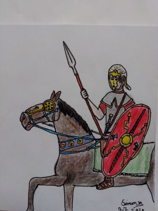 Рисунок под названием "Roman Soldier on ho…" - Simonius Art, Подлинное произведение искусства, Карандаш Установлен на Деревя…