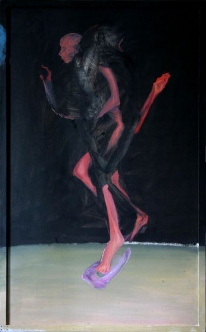 Painting titled "Mann rennt mit dem…" by Simon Schade, Original Artwork, Oil