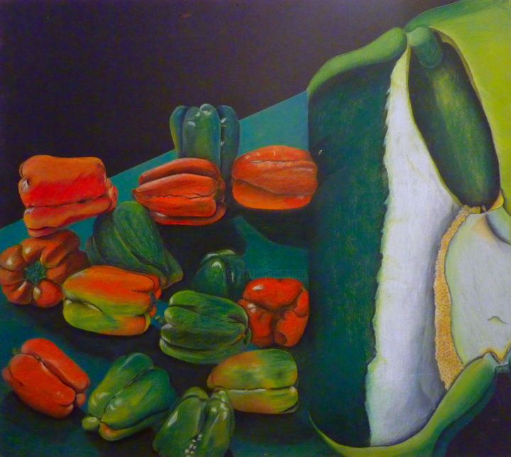 Peinture intitulée "Cuisine poivronée" par Maria Iacuzzi (SIMPLE ART), Œuvre d'art originale, Pastel