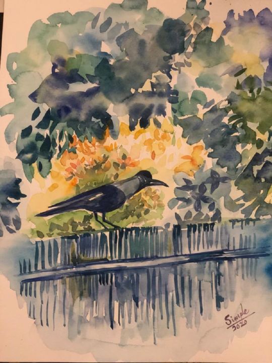 Painting titled "The Philosopher Crow" by Simple Mohanty Pani, Original Artwork, Watercolor