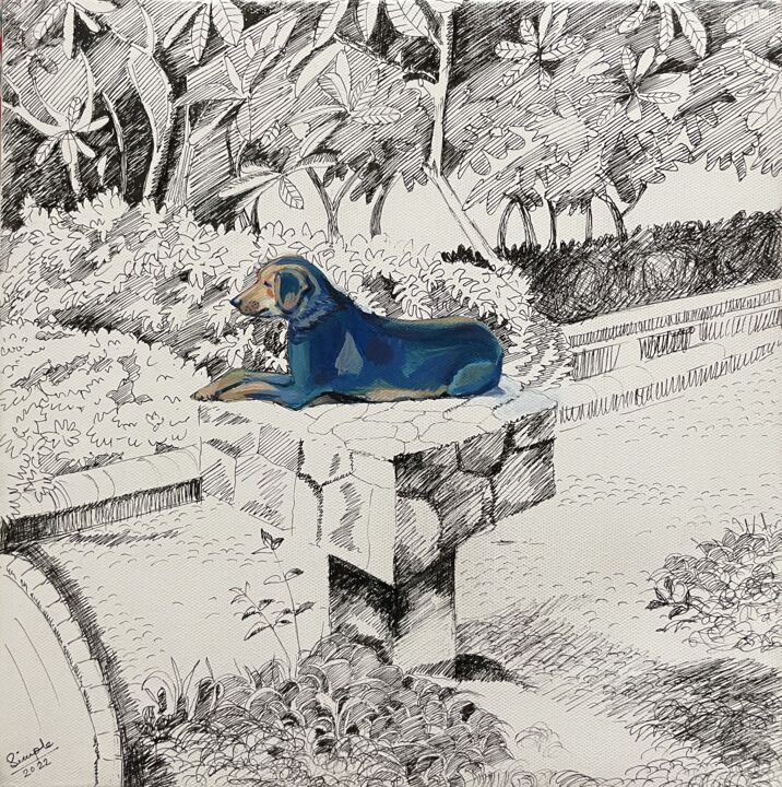 Painting titled "Lazy Day in Lodhi G…" by Simple Mohanty Pani, Original Artwork, Ink Mounted on Wood Stretcher frame