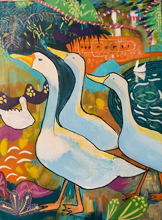 Painting titled "Ducks in Lodhi Gard…" by Simple Mohanty Pani, Original Artwork, Acrylic Mounted on Wood Stretcher frame