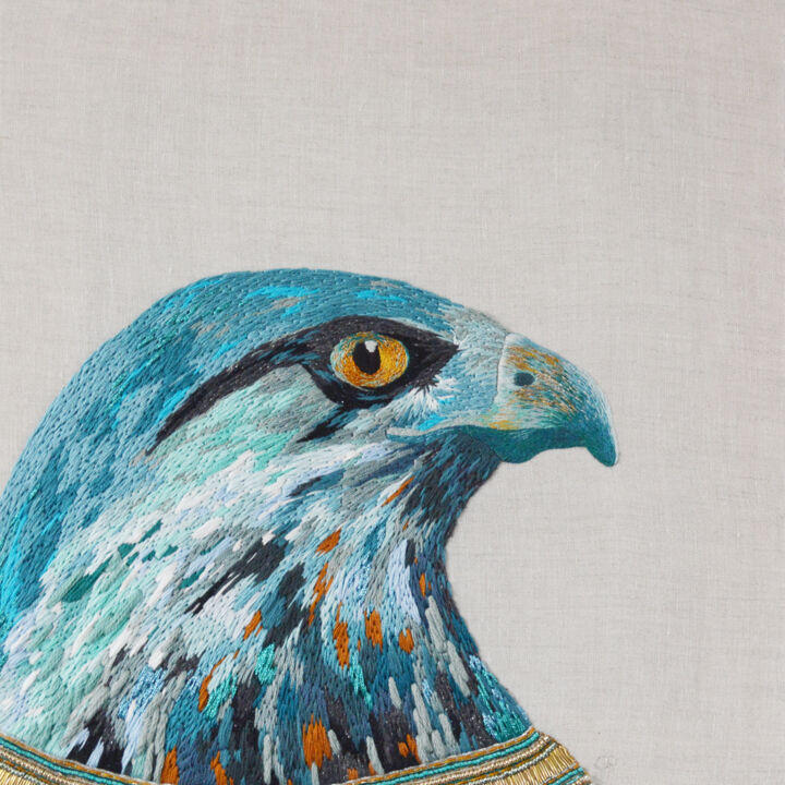 Textile Art titled "Horus" by Cindy Roch, Original Artwork, Embroidery Mounted on Wood Stretcher frame
