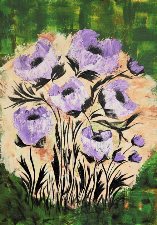 Картина под названием "Flores en luna llena" - Sion Botey, Подлинное произведение искусства, Акрил Установлен на Деревянная…
