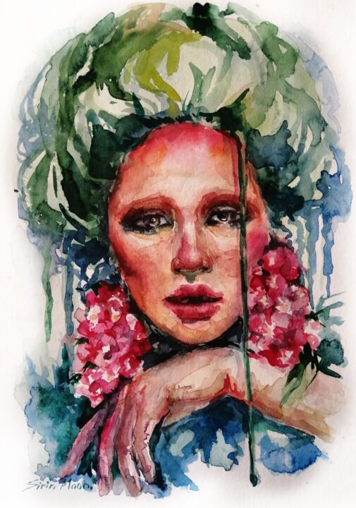 Painting titled "Madam Orchid" by Sirin Moon, Original Artwork, Watercolor