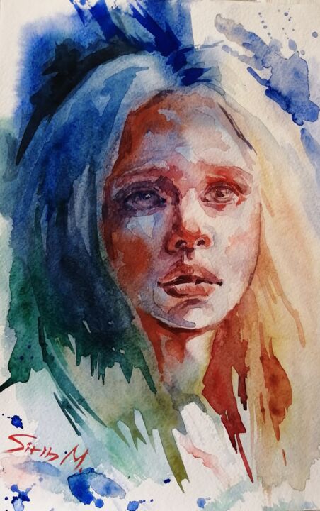 Painting titled "Little girl" by Sirin Moon, Original Artwork, Watercolor