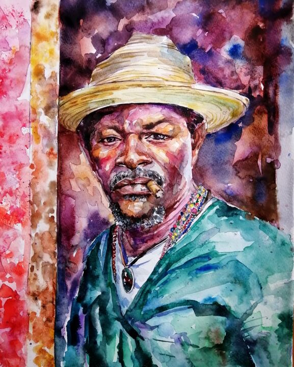 Painting titled "African man" by Sirin Moon, Original Artwork, Watercolor