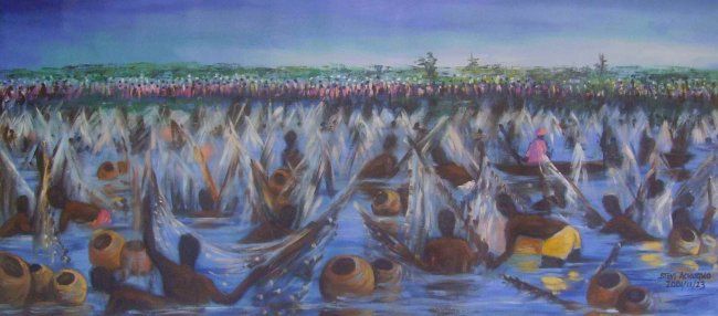 Peinture intitulée "Argungu Fishing Fes…" par Stephen Achugwo, Œuvre d'art originale