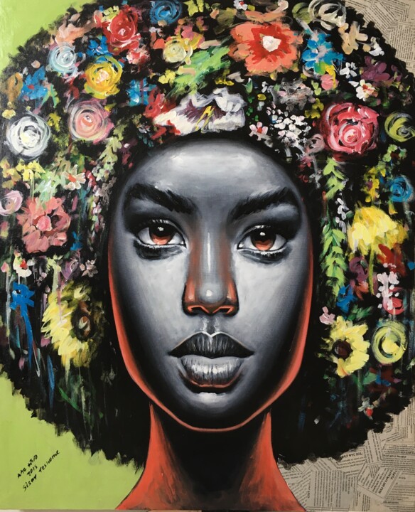Schilderij getiteld "Flower girl" door Sisay Teshome, Origineel Kunstwerk, Acryl