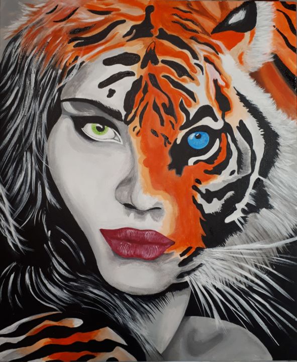 Peinture intitulée "Tiger Woman" par Sylvain Corvaisier, Œuvre d'art originale, Acrylique Monté sur Châssis en bois