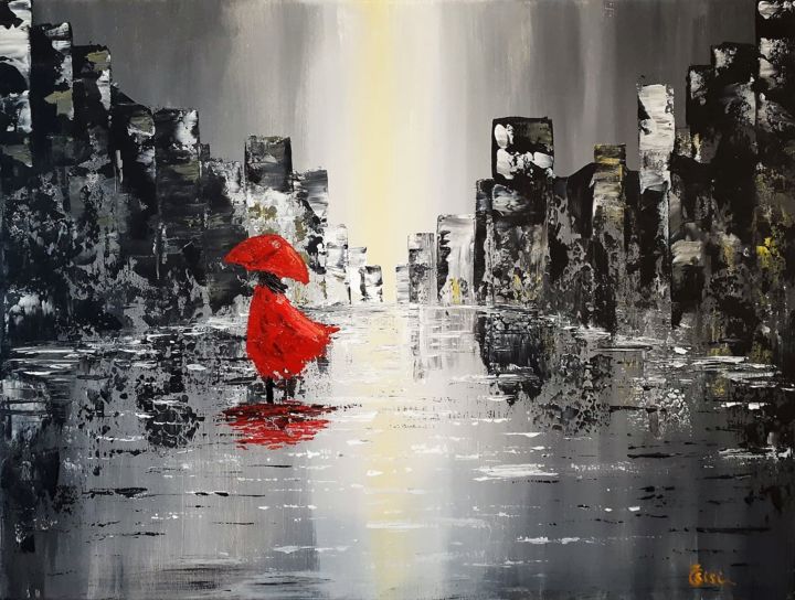 Painting titled "Promenade Pluvieuse" by Sylvain Corvaisier, Original Artwork, Acrylic Mounted on Wood Stretcher frame