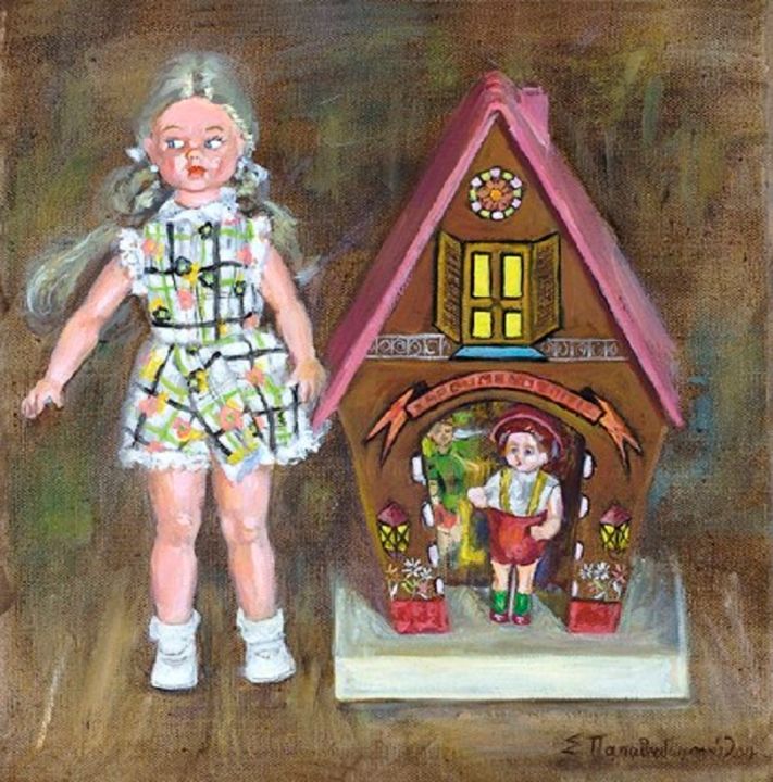 Ζωγραφική με τίτλο "Κούκλα με σπιτάκι" από Athanasia P., Αυθεντικά έργα τέχνης, Λάδι