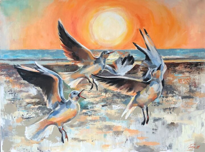 Painting titled "Les mouettes" by Larisa Caloin, Original Artwork, Oil Mounted on Wood Stretcher frame