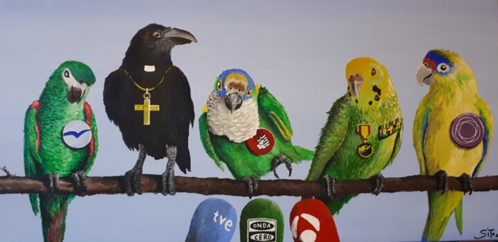 Painting titled "Pájaros de cuidado" by Sito, Original Artwork, Acrylic Mounted on Wood Stretcher frame