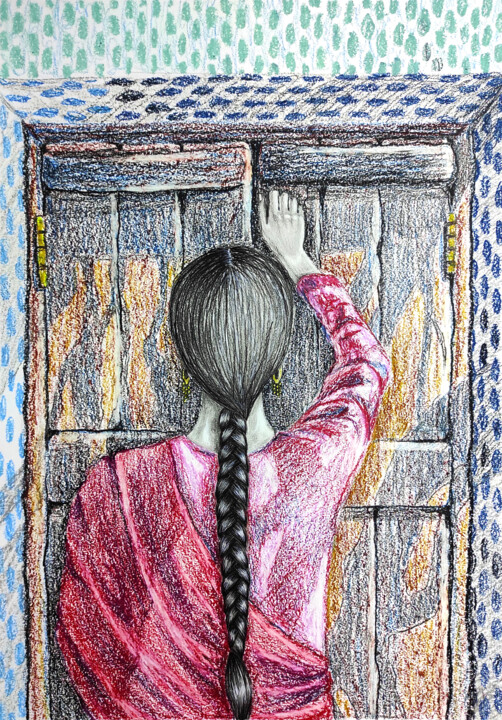 Картина под названием "Тук тук откройся" - Sitora Brejneva, Подлинное произведение искусства, Карандаш