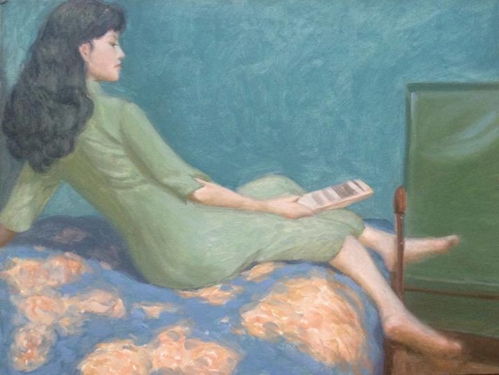 Painting titled "Woman on the bed wi…" by Siyu Sun, Original Artwork, Oil