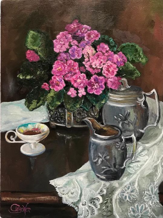 Картина под названием ""Фиалковое чаепитие"" - Инна Сизова, Подлинное произведение искусства, Масло