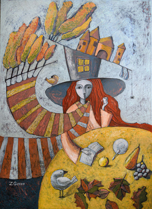 Peinture intitulée "Уютная осень" par Zhanna Golubtsova, Œuvre d'art originale, Acrylique