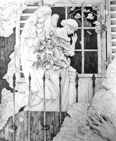 Dessin intitulée "L'ange-gardien" par Rita Kortshok, Œuvre d'art originale, Crayon