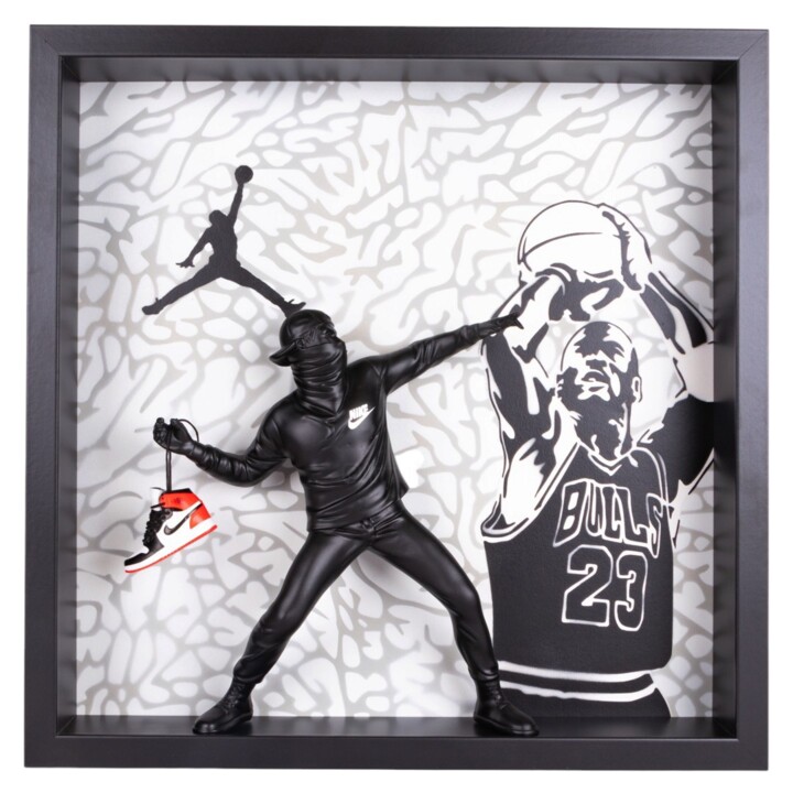 Sculpture titled "Banksy X Jumpman Ai…" by Ske, Original Artwork, Acrylic Mounted on Wood Panel