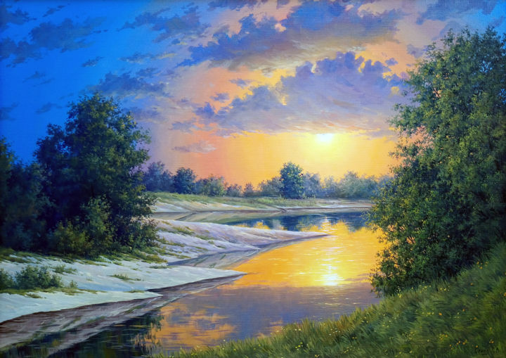 Painting titled "Sunset" by Sergei Skiba, Original Artwork, Oil Mounted on Wood Stretcher frame