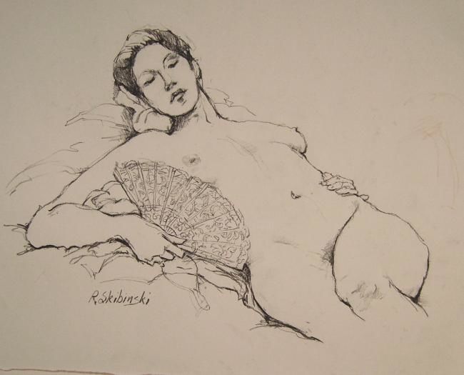 Drawing titled "nude with a fan" by Raymond Skibinski, Original Artwork