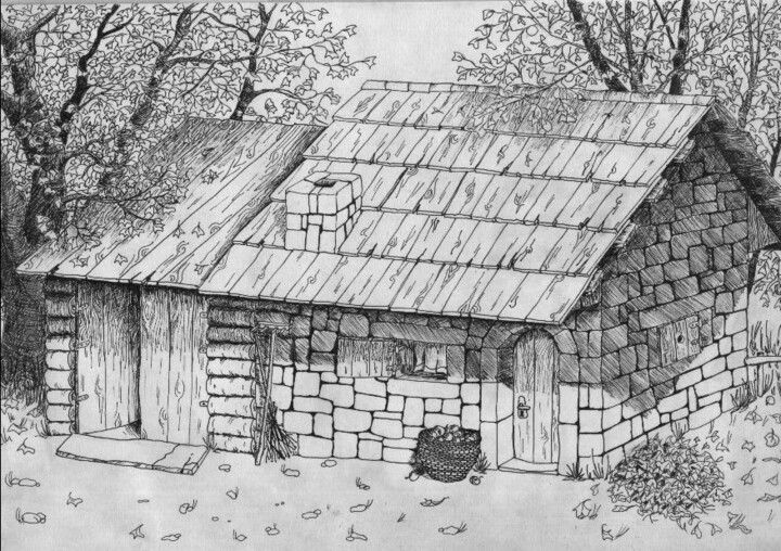 Dessin intitulée "An old cottage" par Skratek, Œuvre d'art originale, Stylo à bille