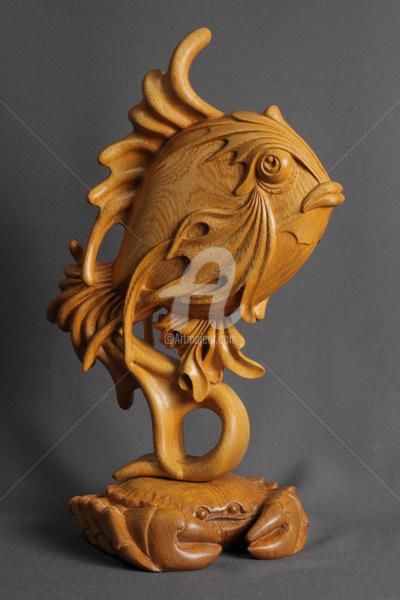 Скульптура под названием "Золотая рыбка" - Сергей Чеченов, Подлинное произведение искусства, Дерево