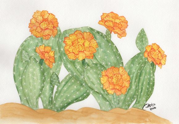 Painting titled "cactus and Flowers" by Christina Desousa, Original Artwork, Watercolor