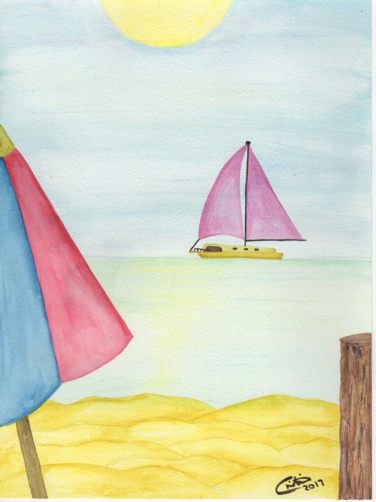 Painting titled "Peace at the Beach" by Christina Desousa, Original Artwork, Watercolor