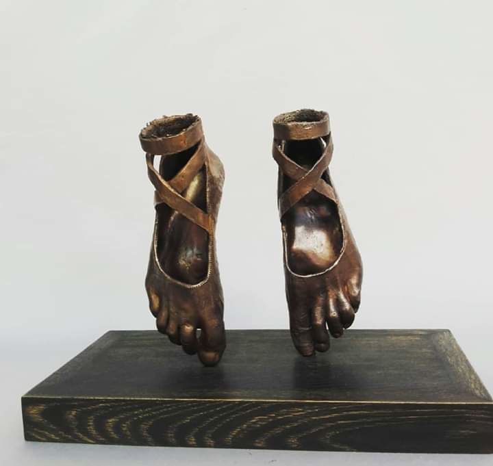 Sculpture titled "Обувь для души" by Marina Rakhmatullina, Original Artwork, Bronze Mounted on Wood Panel